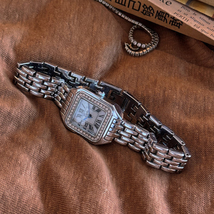Vintage Roman Square Rhinestone Bezel Quartz Watch