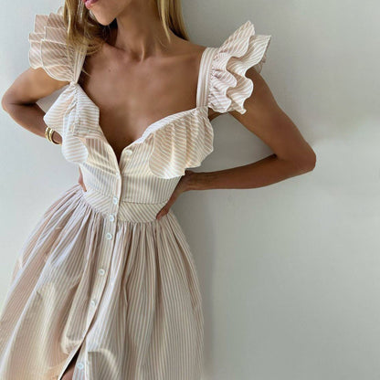 Trendy Square Neck Striped Ruffle Midi Dress