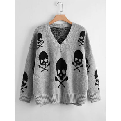 Halloween V-Neck Skull Pullover Sweater