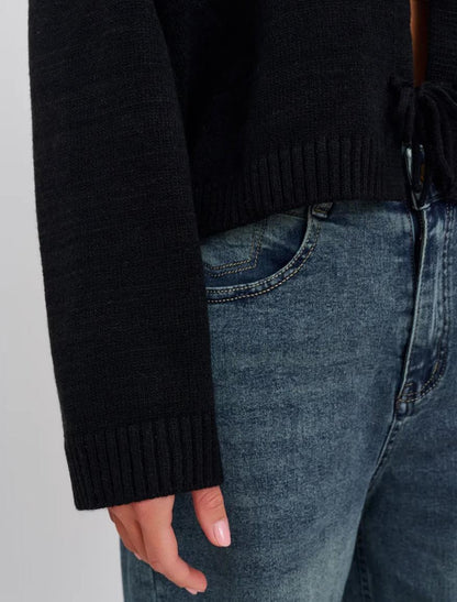 Round Neck Tie Front Long Sleeve Cardigan