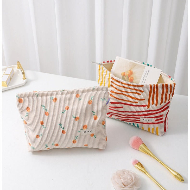 Floral Sreipe Corduroy Portable Cosmetic Bag