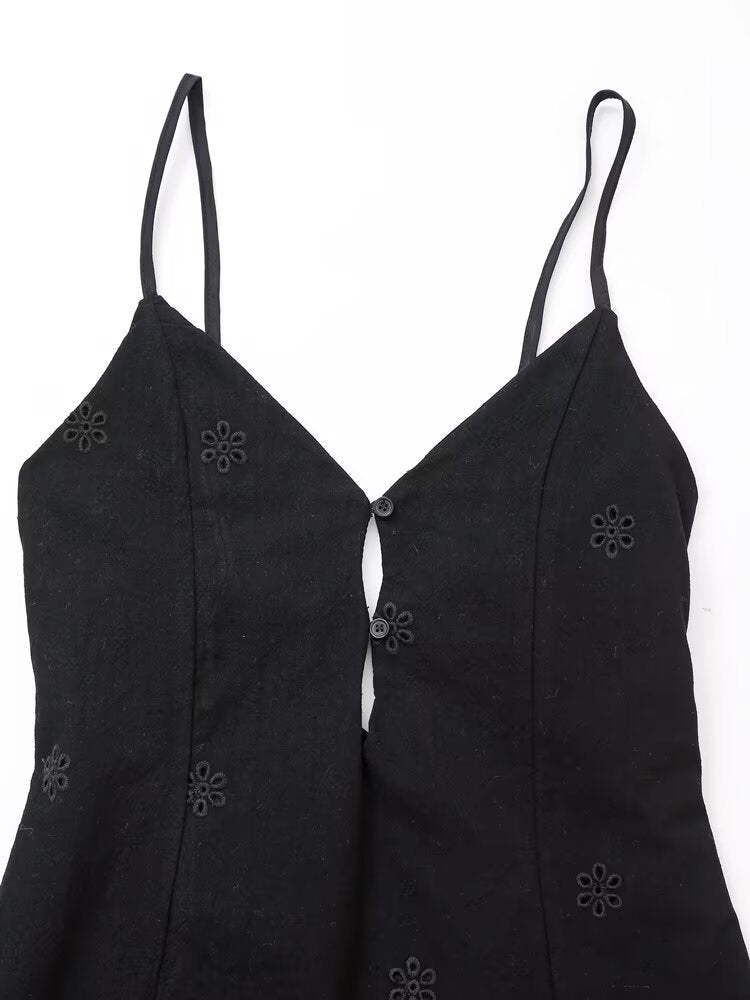 Sexy Embroidery Buttons Spaghetti Mini Dresses