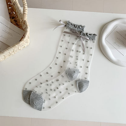 Bow Polka Dot Mesh Thin Socks