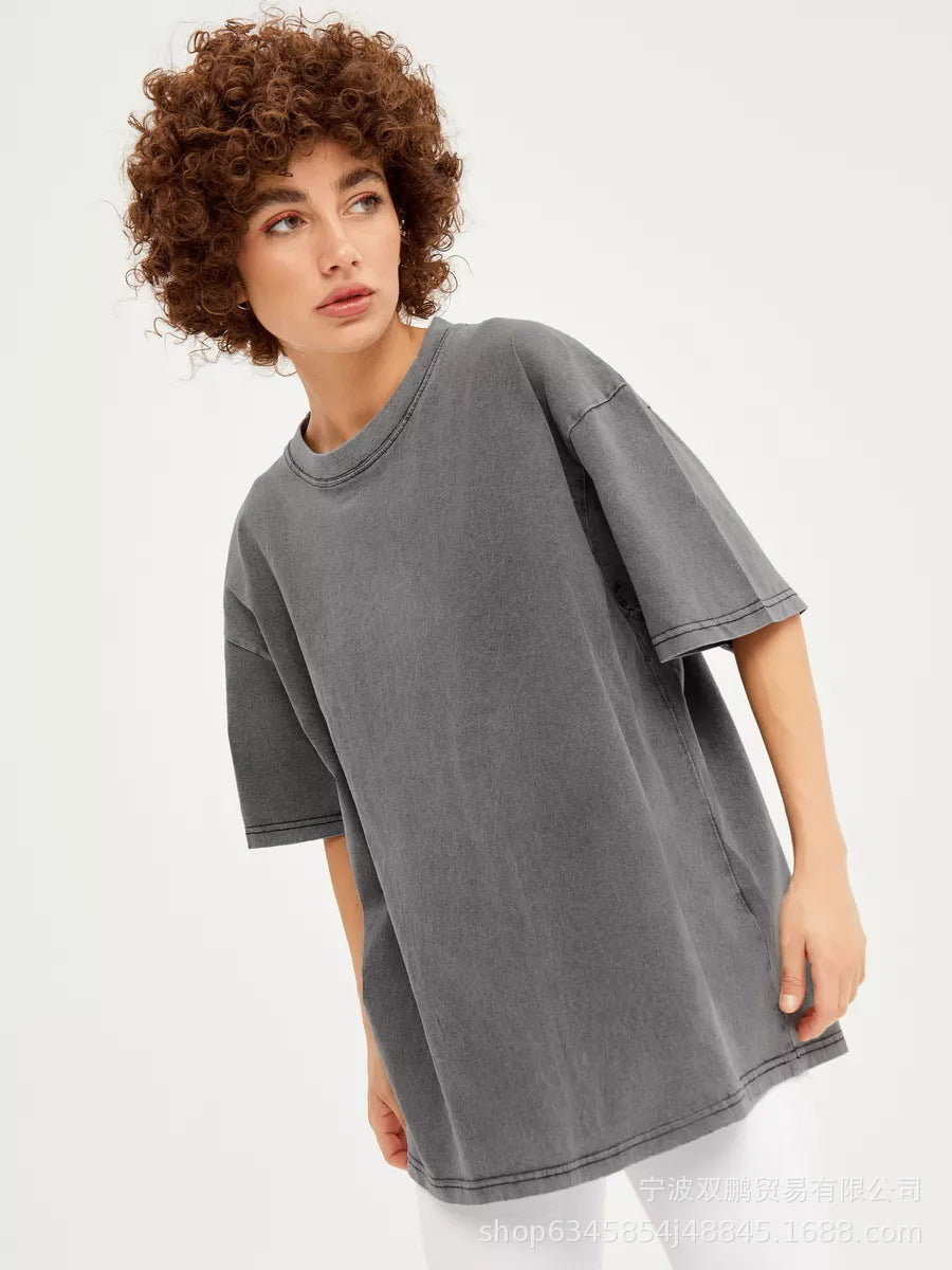 Washed Distressed Loose Short Sleeves Top