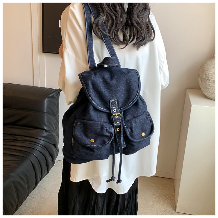Solid Color Denim Large Capacity Backpack
