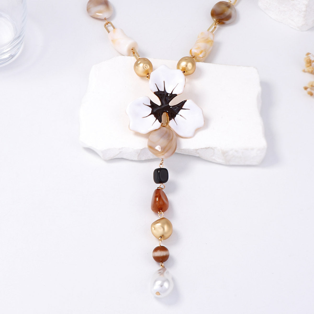 Elegant Enamel Flower Y Shaped Gold Necklace