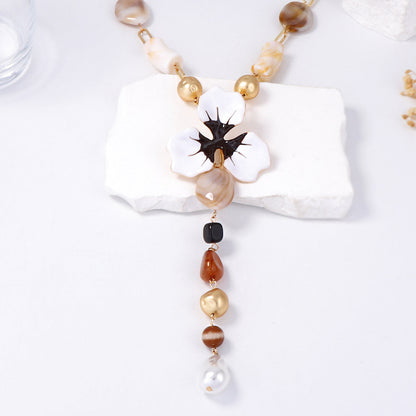 Elegant Enamel Flower Y Shaped Gold Necklace