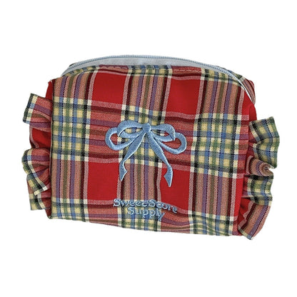 Bow Plaid Flounce Make Up Bag