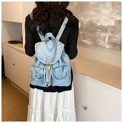 Solid Color Denim Large Capacity Backpack