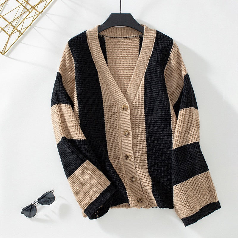 Striped Color Block Flare Sleeves Knit Cardigan