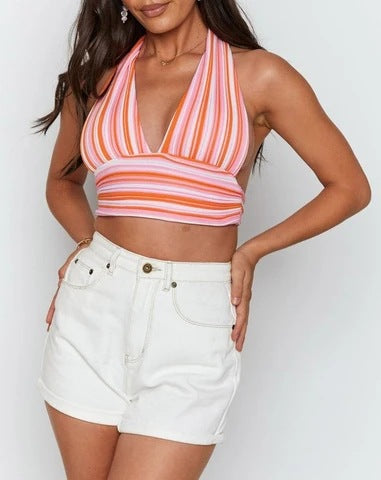 Rainbow Striped Backless V-Neck Halter Top