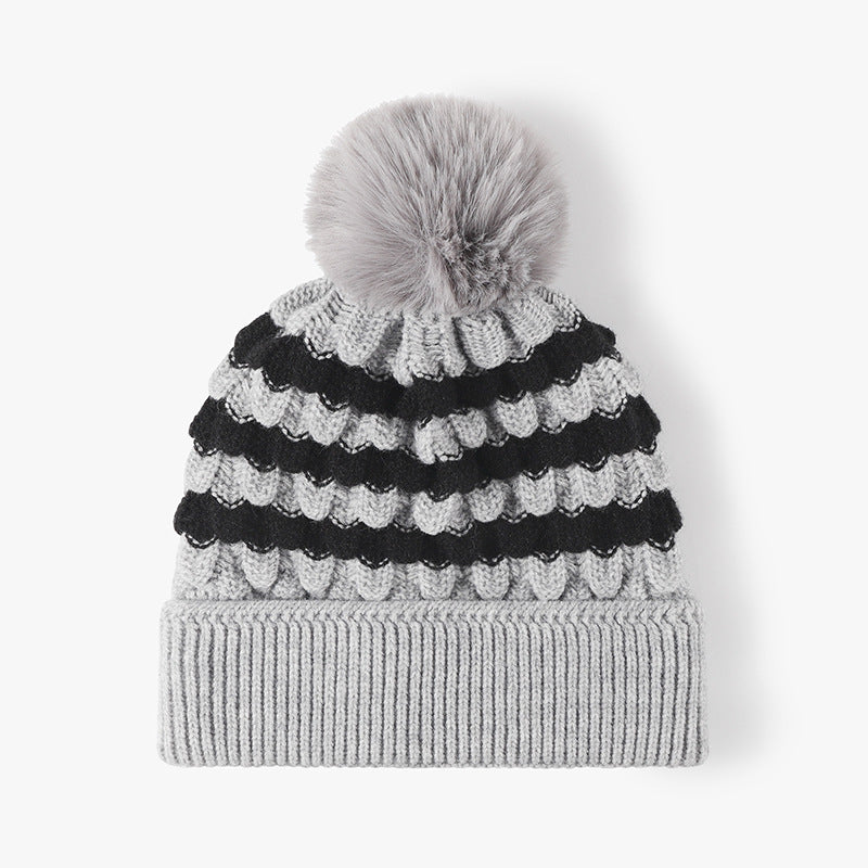 Stripe Contrast Color Simple Knit Pom Beanie