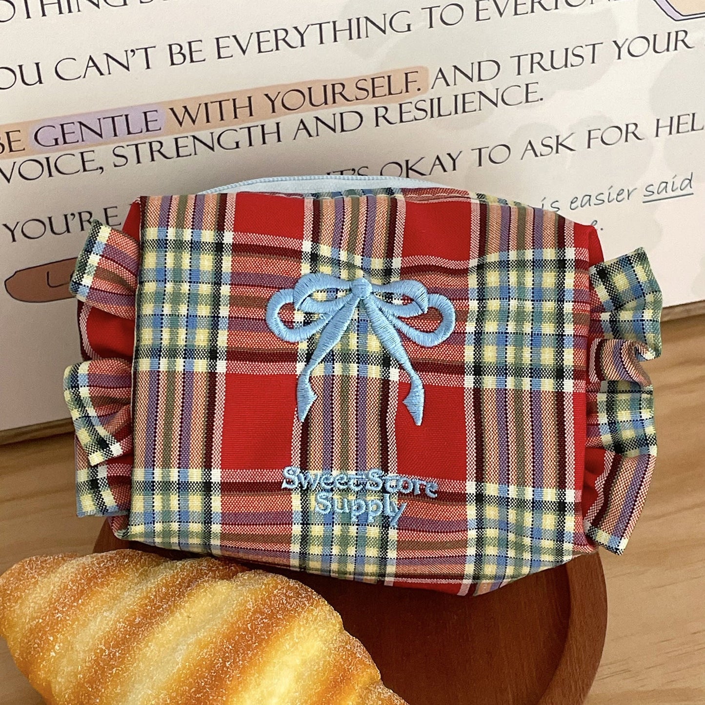 Bow Plaid Flounce Make Up Bag