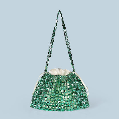 Beaded Woven Shoulder Tote Bag