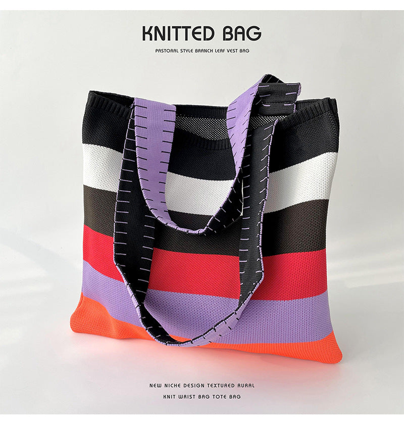 Rainbow Splice Color Block Knit Tote Bag