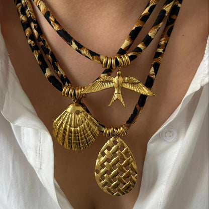 Gold Plated Pendant Leopard Cord Necklace
