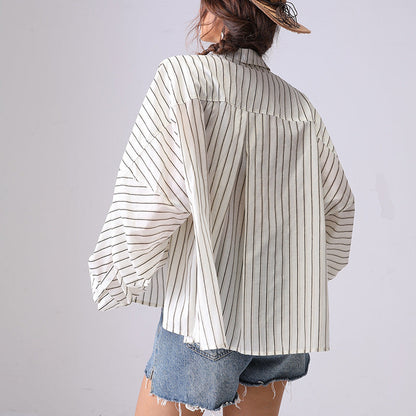 Casual Striped Lapel Collar Batwing Sleeve Top