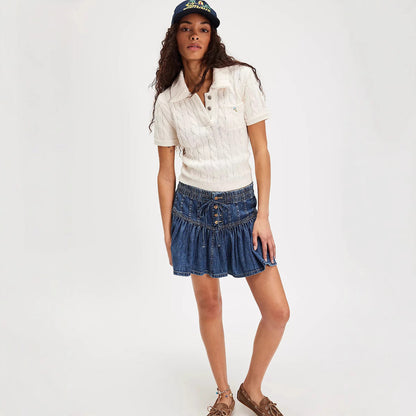 High-Waist Casual Denim Pleated Mini Skirt