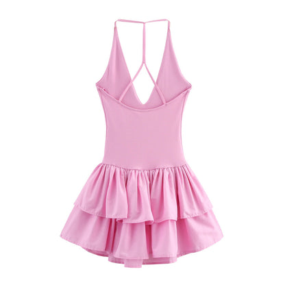 Trendy Solid Color Ruffle Hem Halter Dress