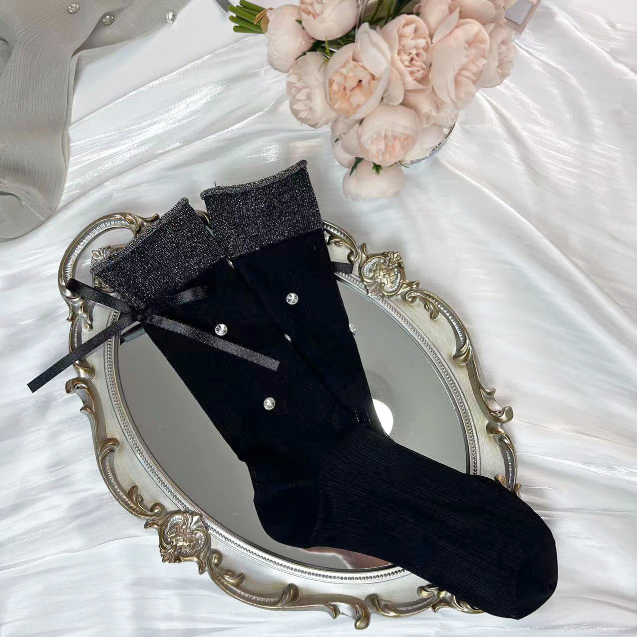 Bow Rhinestone Ruffle Thin Socks