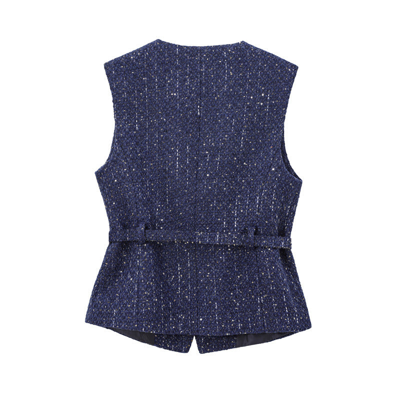 Elegant V-Neck Sleeveless Belt Waist Knit Vest