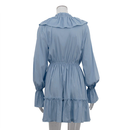 V-Neck Flounce Solid Color Mini Dress