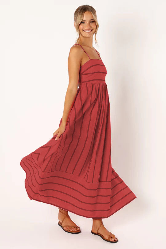 Striped Color Block Backless Spaghetti Dress