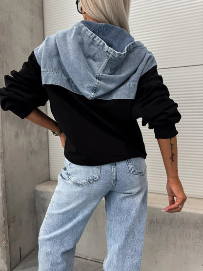 Trendy Splice Color Block Washed Denim Hoodie