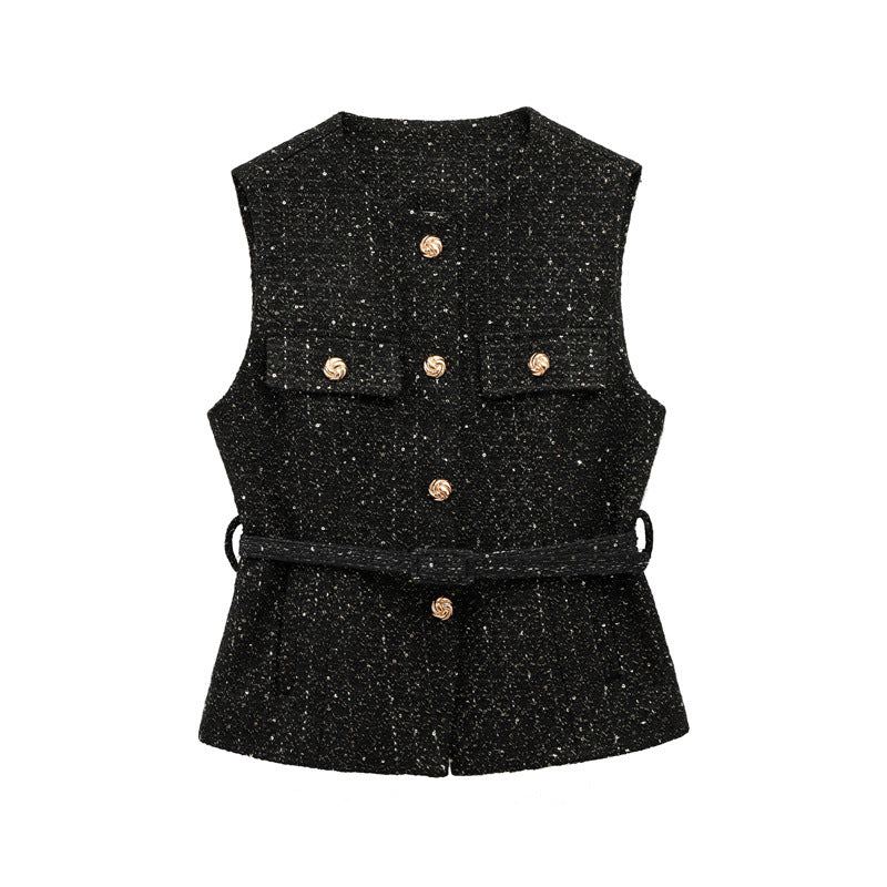 Elegant V-Neck Sleeveless Belt Waist Knit Vest