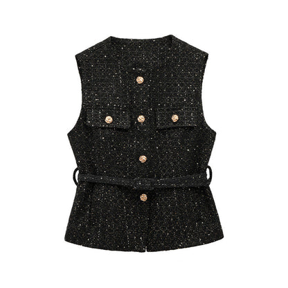 Elegant V-Neck Sleeveless Belt Waist Knit Vest