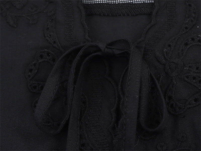 Casual Sleeveless Embroidered Tie Front Top