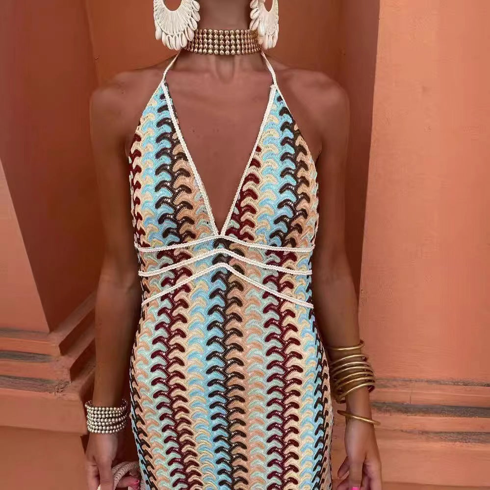 Crochet Printed Spaghetti Strap Maxi Dress