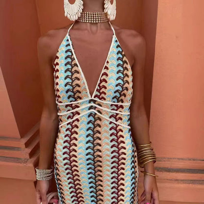 Crochet Printed Spaghetti Strap Maxi Dress