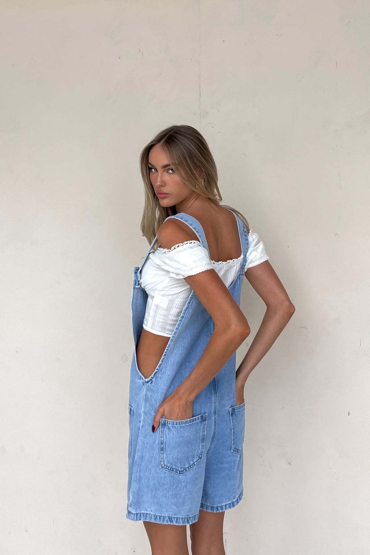 Pockets Buttons Denim Overall Shorts