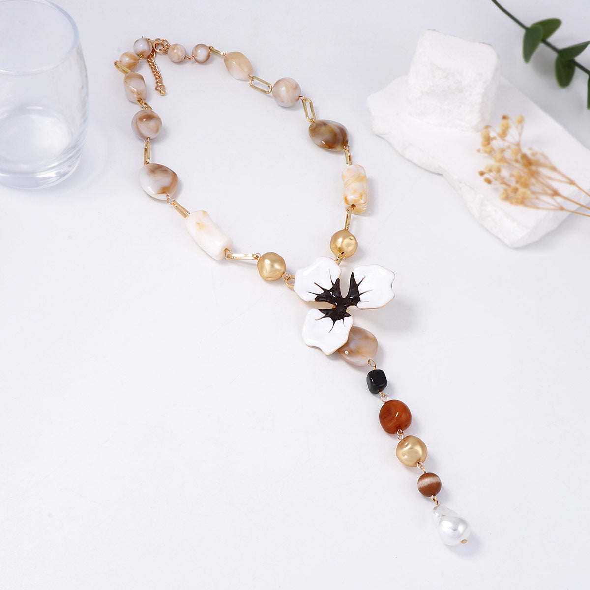 Elegant Enamel Flower Y Shaped Gold Necklace