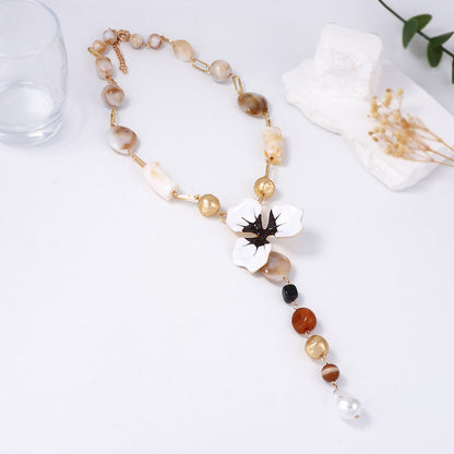 Elegant Enamel Flower Y Shaped Gold Necklace