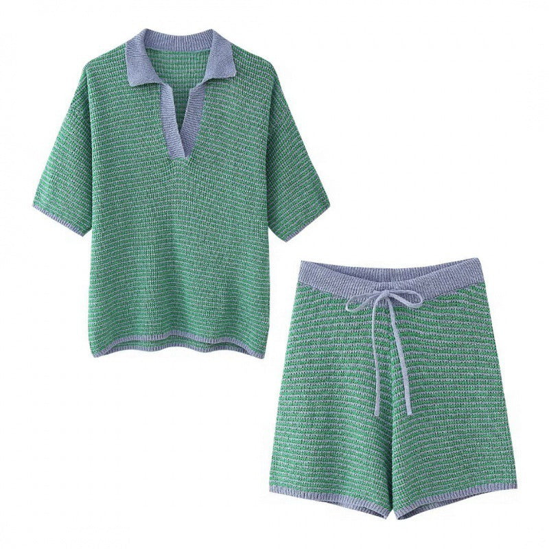 Casual Knit Collared Top and Shorts Set