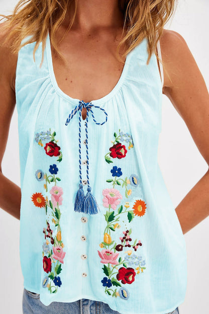Embroidered Flower U-Neck Sleeveless Top