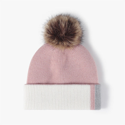 Splicing Color Block Padded Knit Pom Beanie
