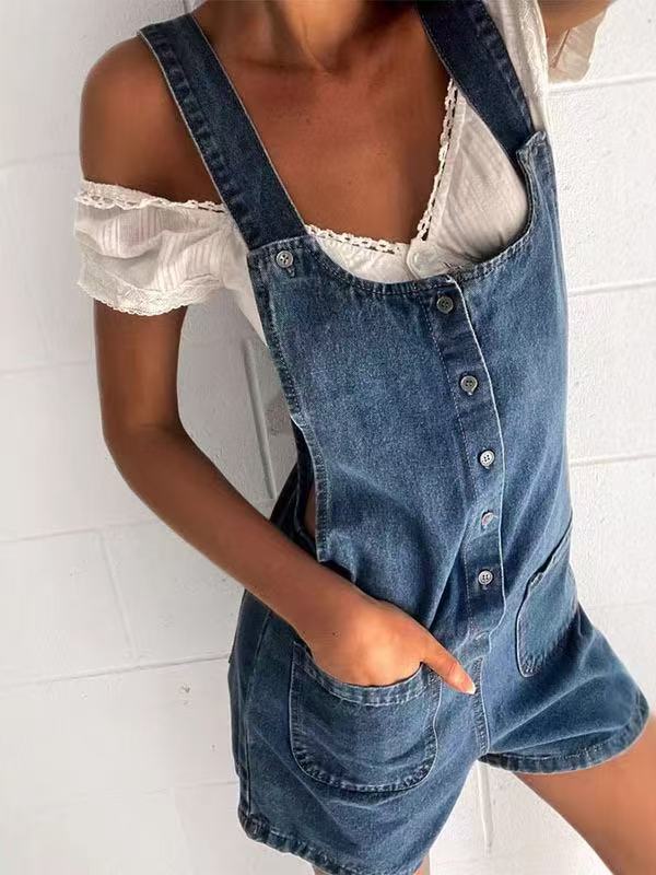 Pockets Buttons Denim Overall Shorts