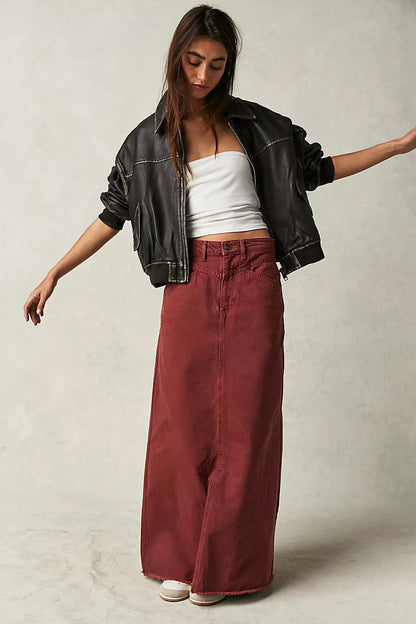 Washed Raw Hem Casual Denim Maxi Skirts