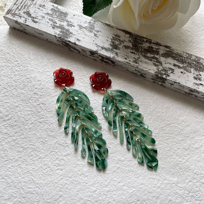Vintage Red Rose Leaf Tassel Dangle Earrings