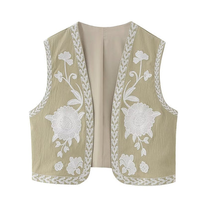 Flower Embroideries Open Front Elegant Vest