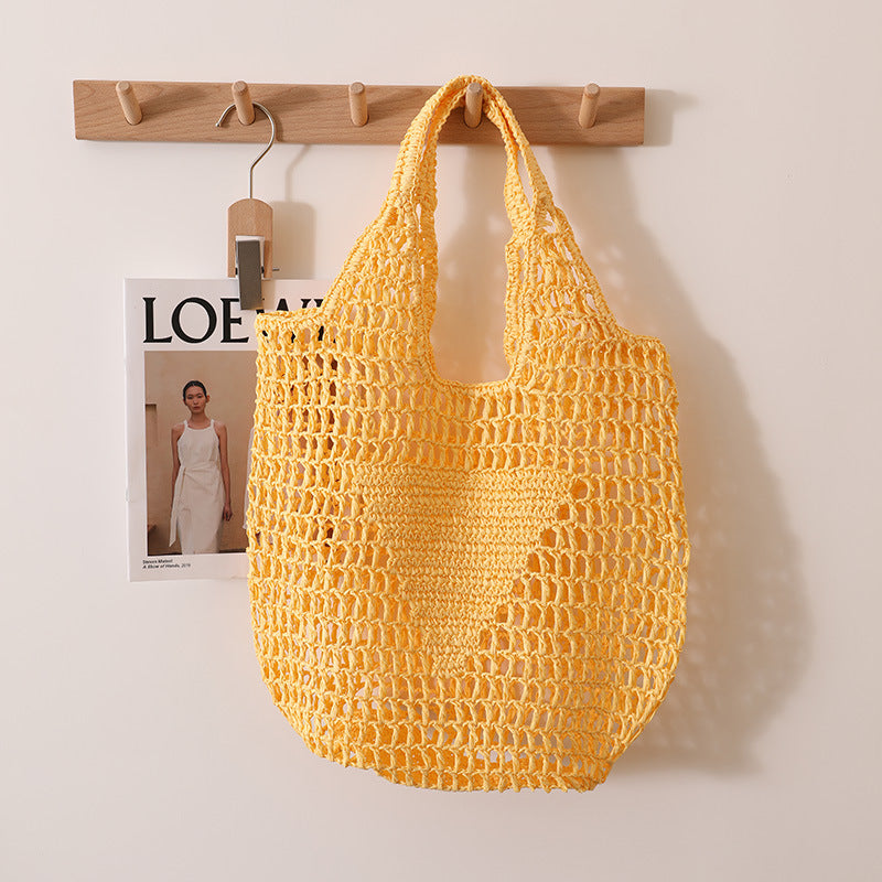 Solid Color Hollow Out Woven Handbag