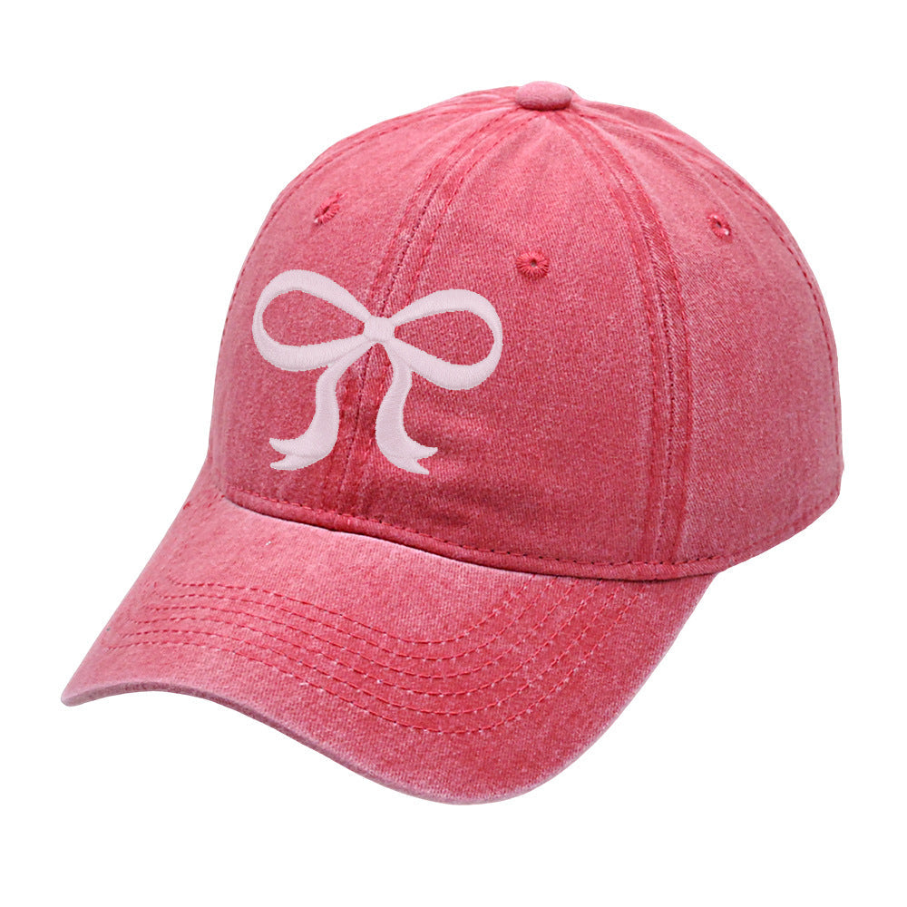 Washed Solid Color Bow Embroider Baseball Caps