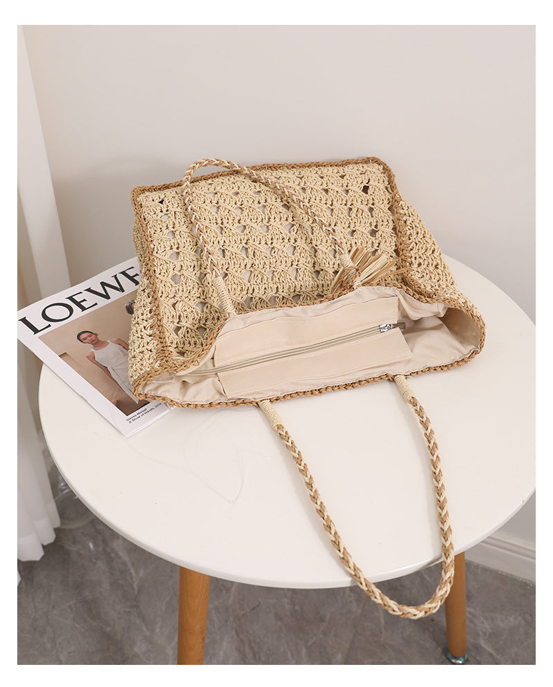 Tassel Color Block Hollow Out Woven Tote Bag