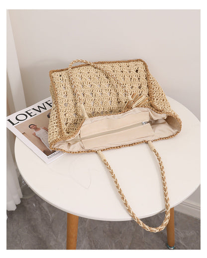Tassel Color Block Hollow Out Woven Tote Bag