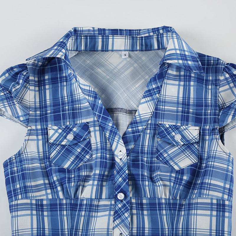 Vintage Plaid V-Neck Short Sleeve Shirt