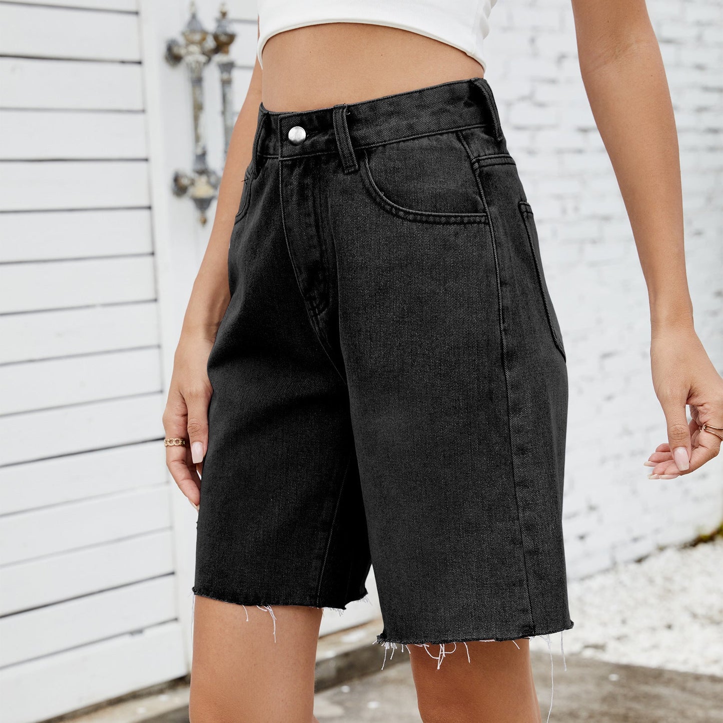 Washed Raw Hem Demin Bermuda Shorts