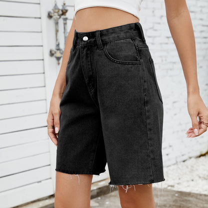 Washed Raw Hem Demin Bermuda Shorts